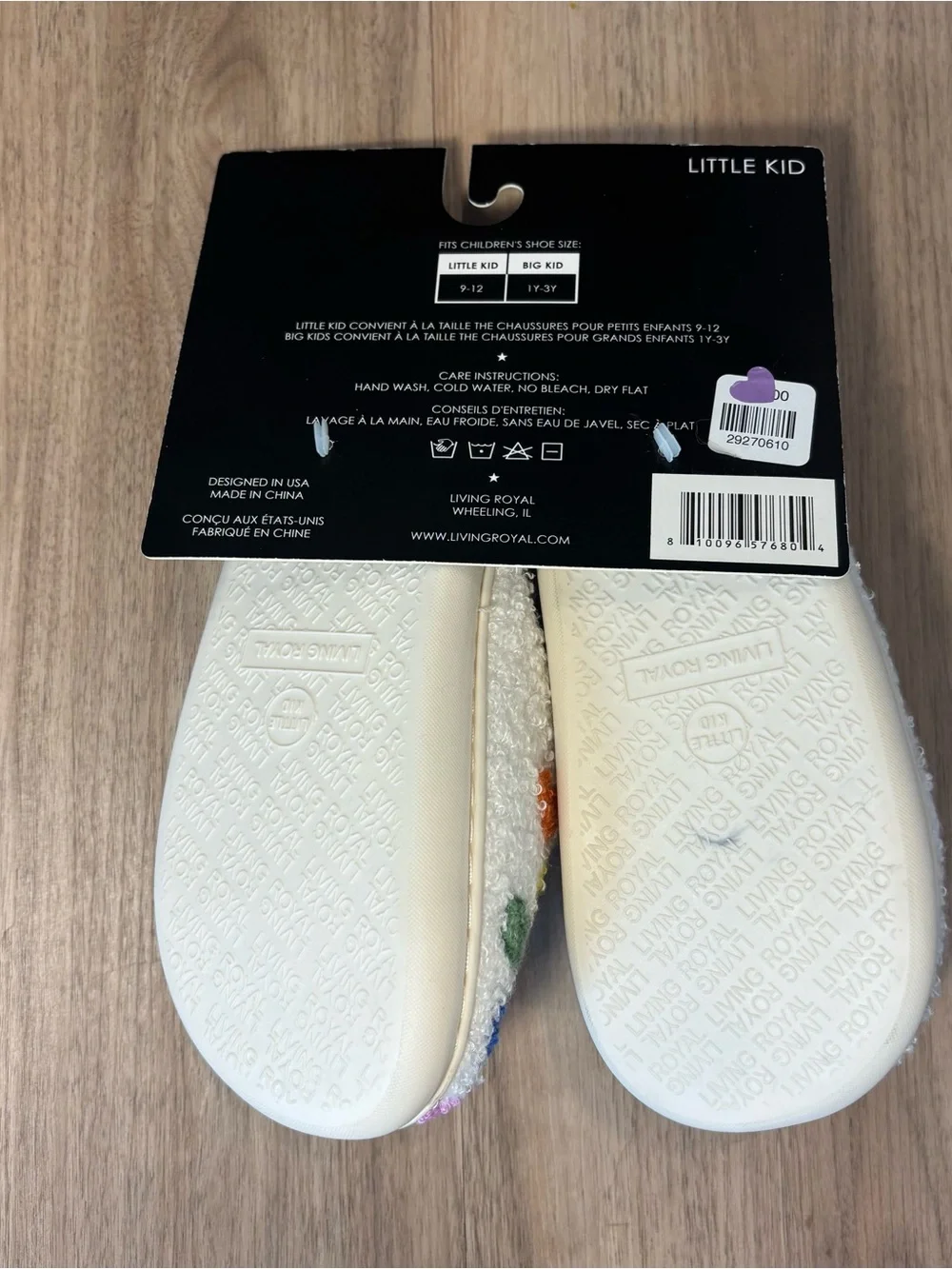Living Royal Little Kid White Fuzzy Slippers with Rainbow Hearts